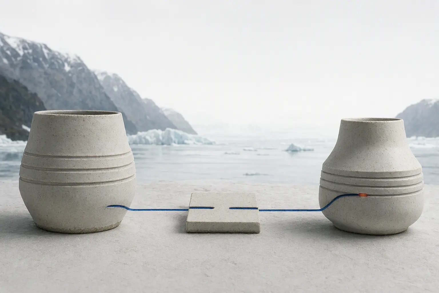 Two pale ceramic repository vessels connected through an archive tile by a precise cobalt path.